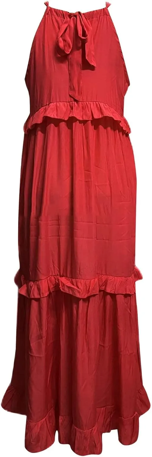 Womens Summer Cotton Sexy Backless Long Dresses Women Dresses Spaghetti Strap Scoop Neck Smocked Ruffle Flowy Boho Maxi Dress