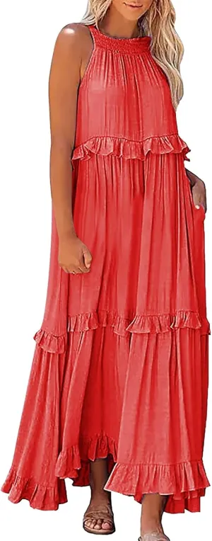 Womens Summer Cotton Sexy Backless Long Dresses Women Dresses Spaghetti Strap Scoop Neck Smocked Ruffle Flowy Boho Maxi Dress