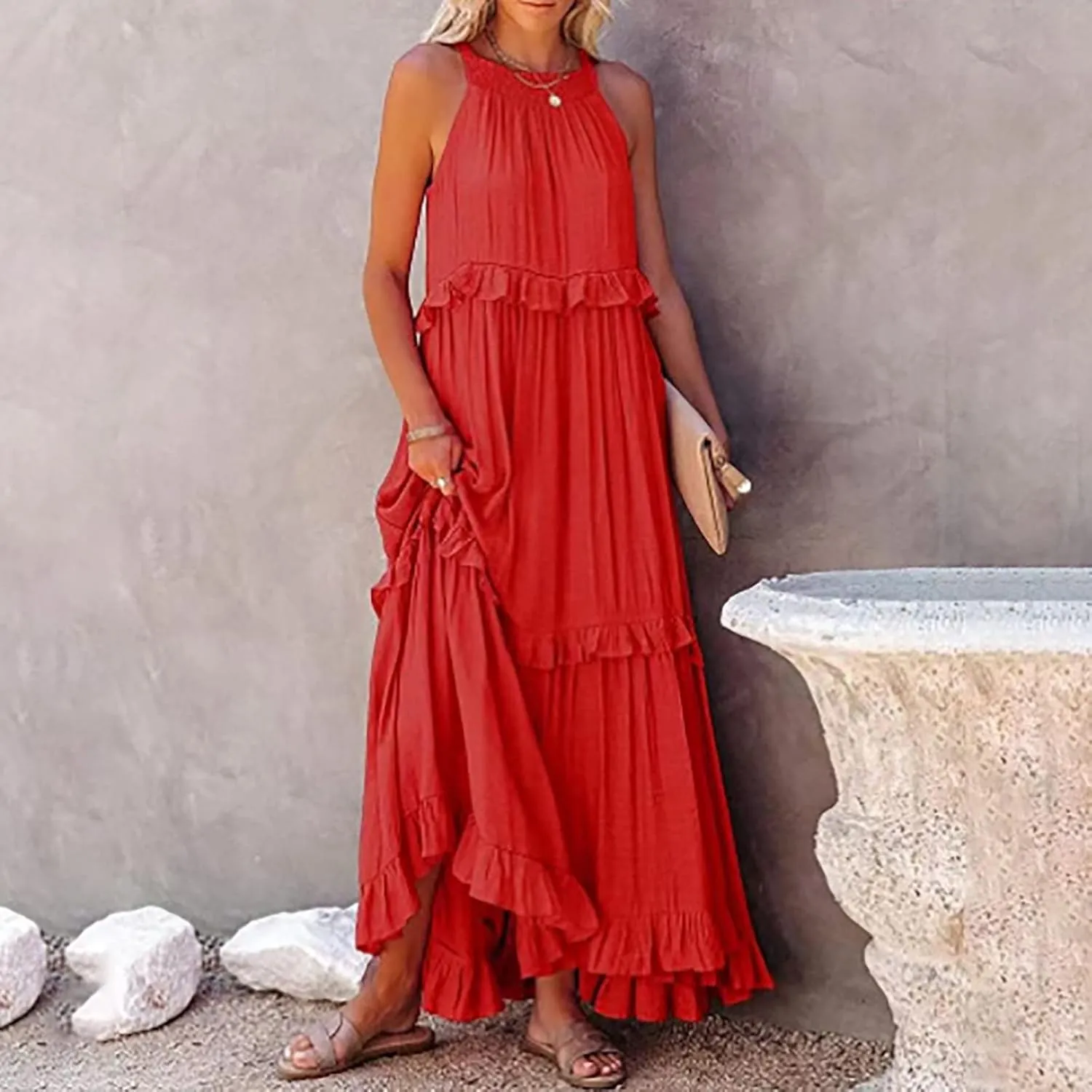 Womens Summer Cotton Sexy Backless Long Dresses Women Dresses Spaghetti Strap Scoop Neck Smocked Ruffle Flowy Boho Maxi Dress