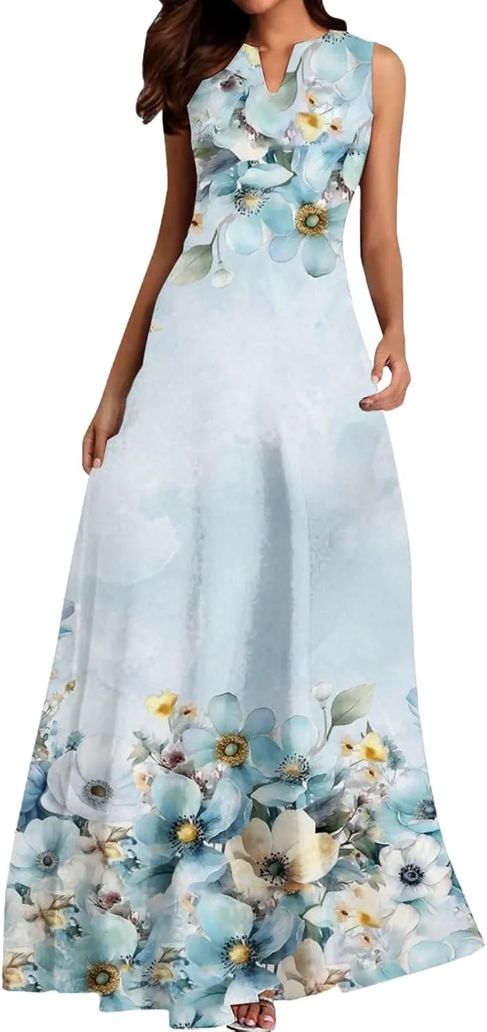 Women's Summer Dress Sleeveless V Neck Long Sun Skirt 2025 Fashion Floral Printed Flowy Maxi Dresses Spring Dresses