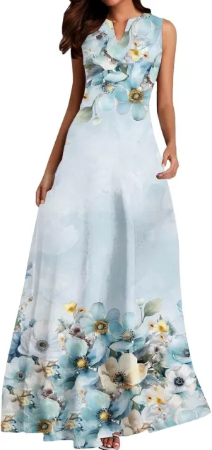 Women's Summer Dress Sleeveless V Neck Long Sun Skirt 2025 Fashion Floral Printed Flowy Maxi Dresses Spring Dresses