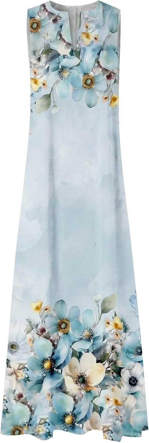 Women's Summer Dress Sleeveless V Neck Long Sun Skirt 2025 Fashion Floral Printed Flowy Maxi Dresses Spring Dresses