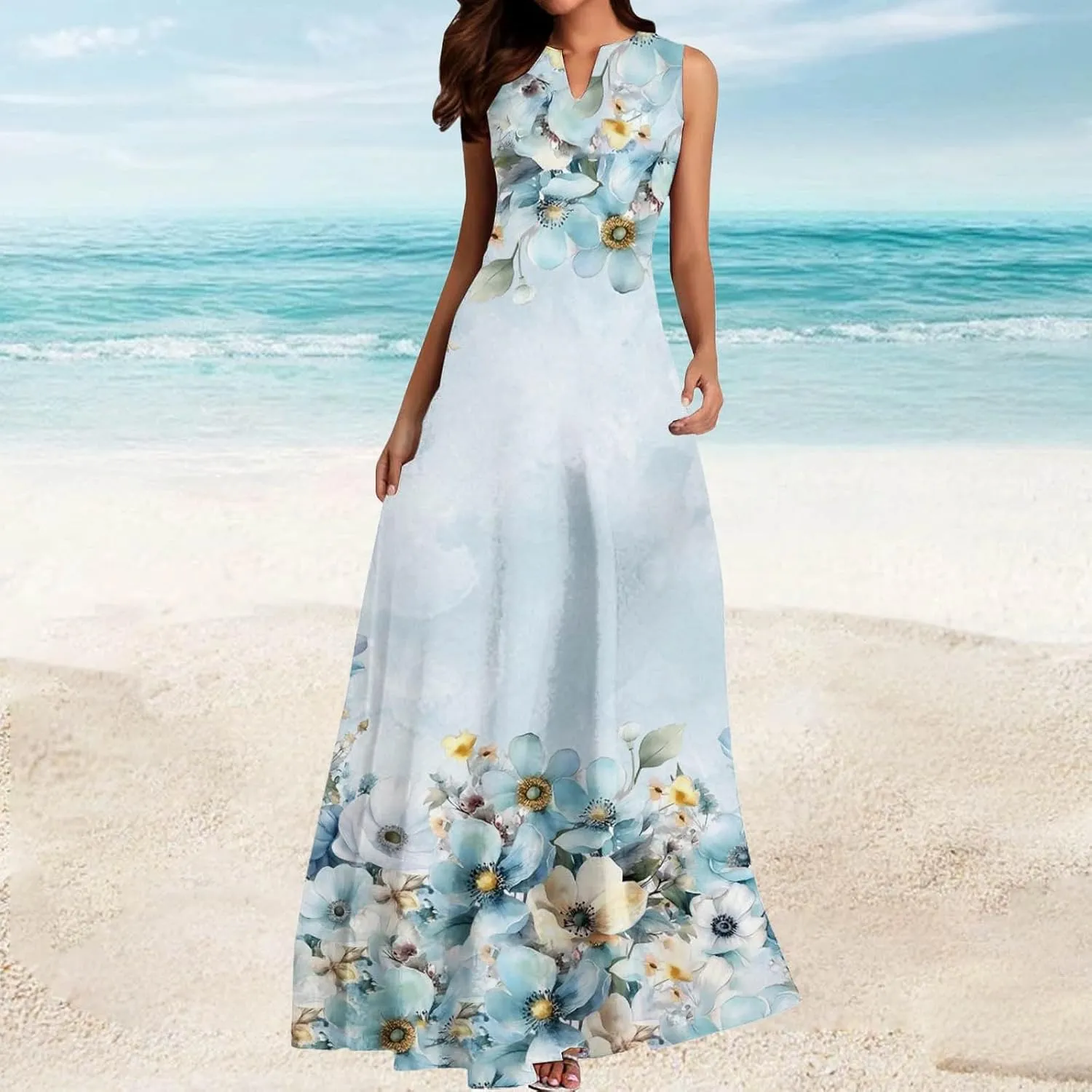 Women's Summer Dress Sleeveless V Neck Long Sun Skirt 2025 Fashion Floral Printed Flowy Maxi Dresses Spring Dresses