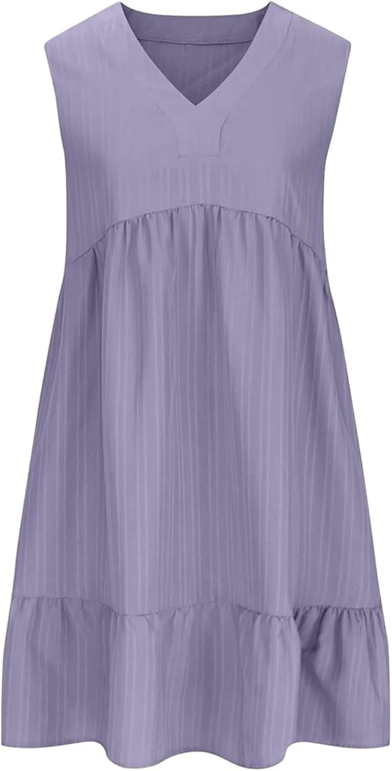 Womens Summer Dress Sleeveless V Neck Mini Dresses Fashion Casual Flowy Boho Ruffle A Line Swing Sundress 2025