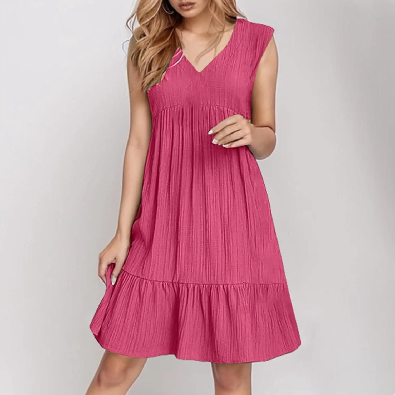 Womens Summer Dress Sleeveless V Neck Mini Dresses Fashion Casual Flowy Boho Ruffle A Line Swing Sundress 2025