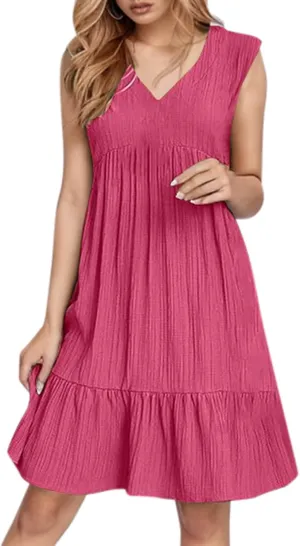 Womens Summer Dress Sleeveless V Neck Mini Dresses Fashion Casual Flowy Boho Ruffle A Line Swing Sundress 2025