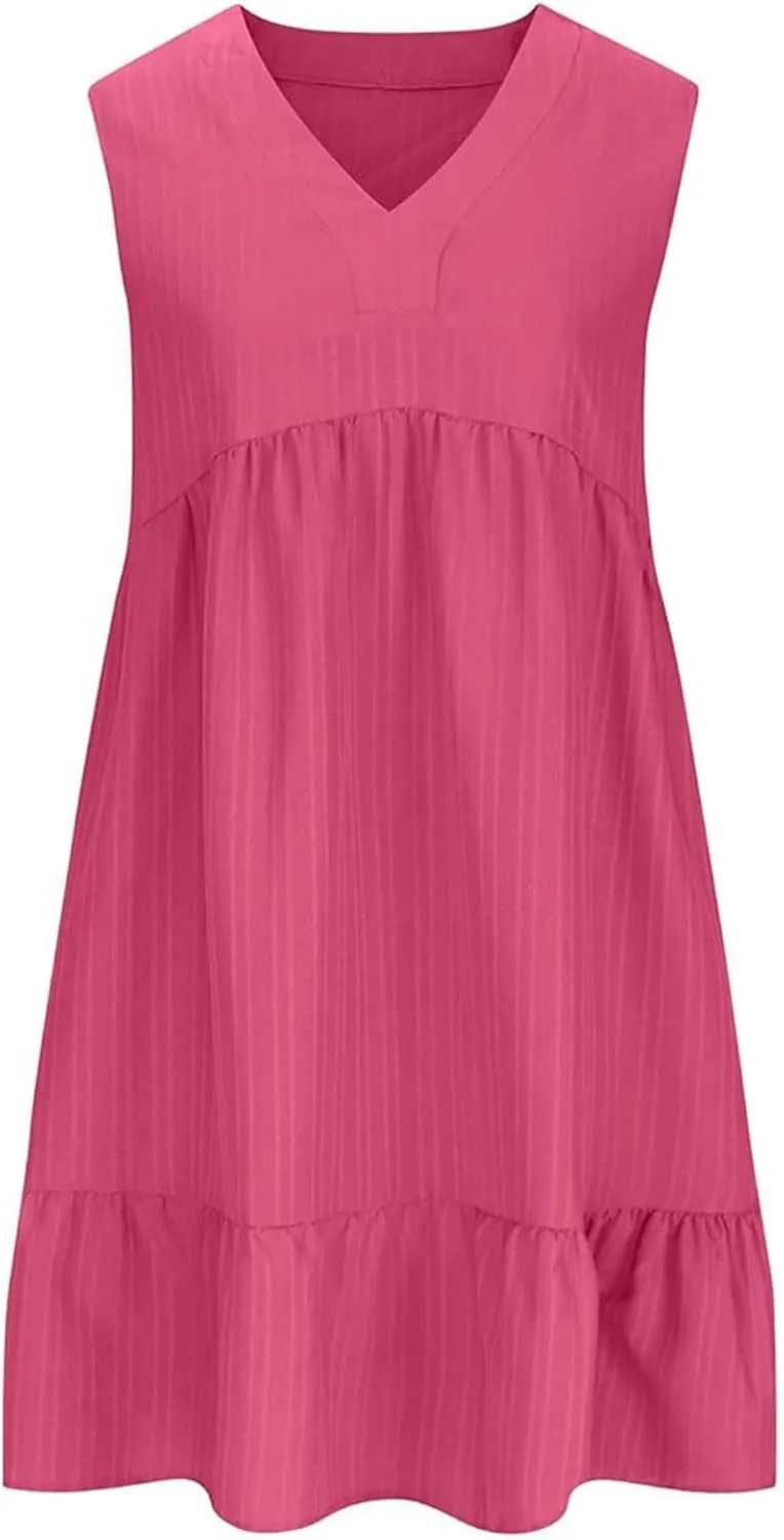 Womens Summer Dress Sleeveless V Neck Mini Dresses Fashion Casual Flowy Boho Ruffle A Line Swing Sundress 2025