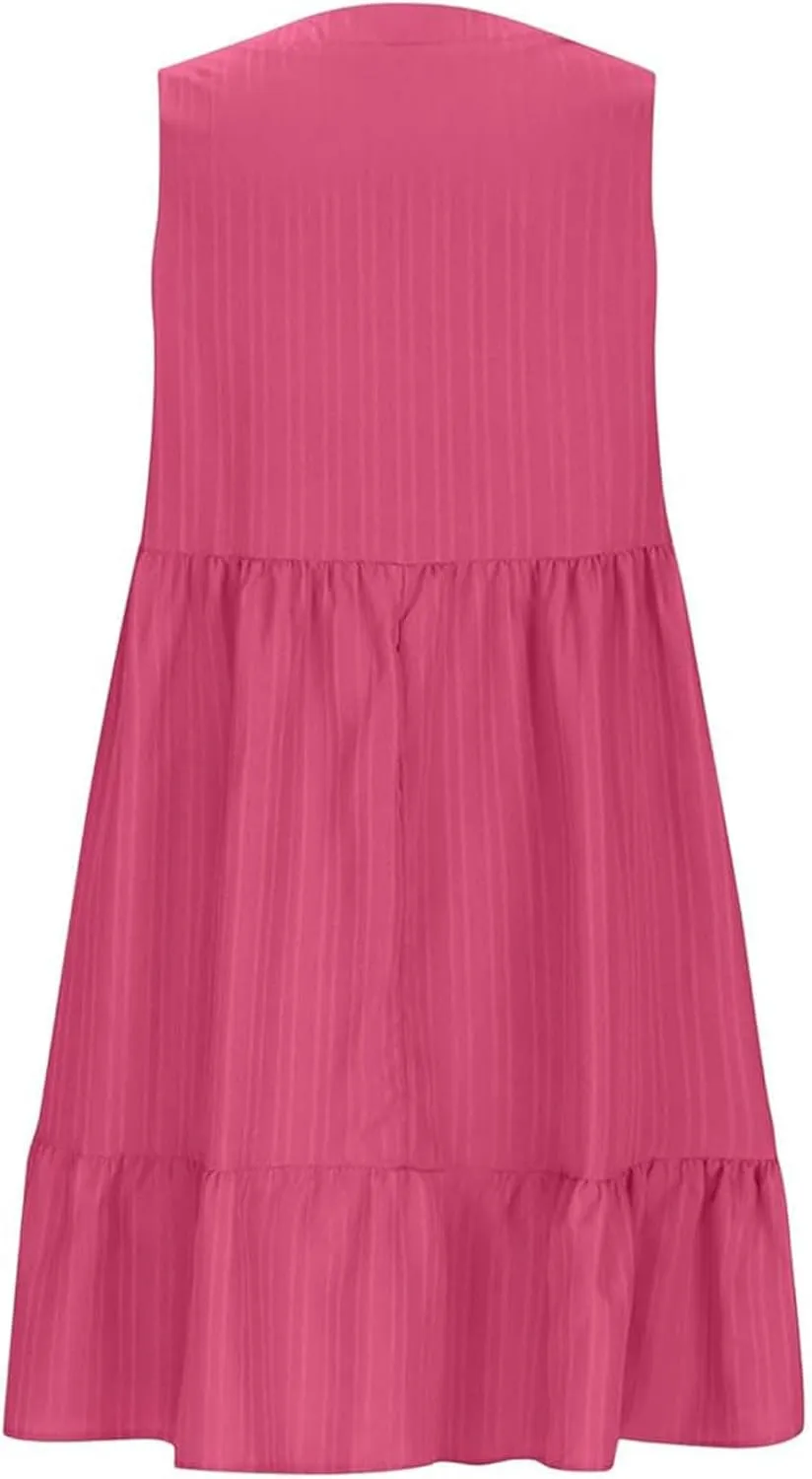 Womens Summer Dress Sleeveless V Neck Mini Dresses Fashion Casual Flowy Boho Ruffle A Line Swing Sundress 2025