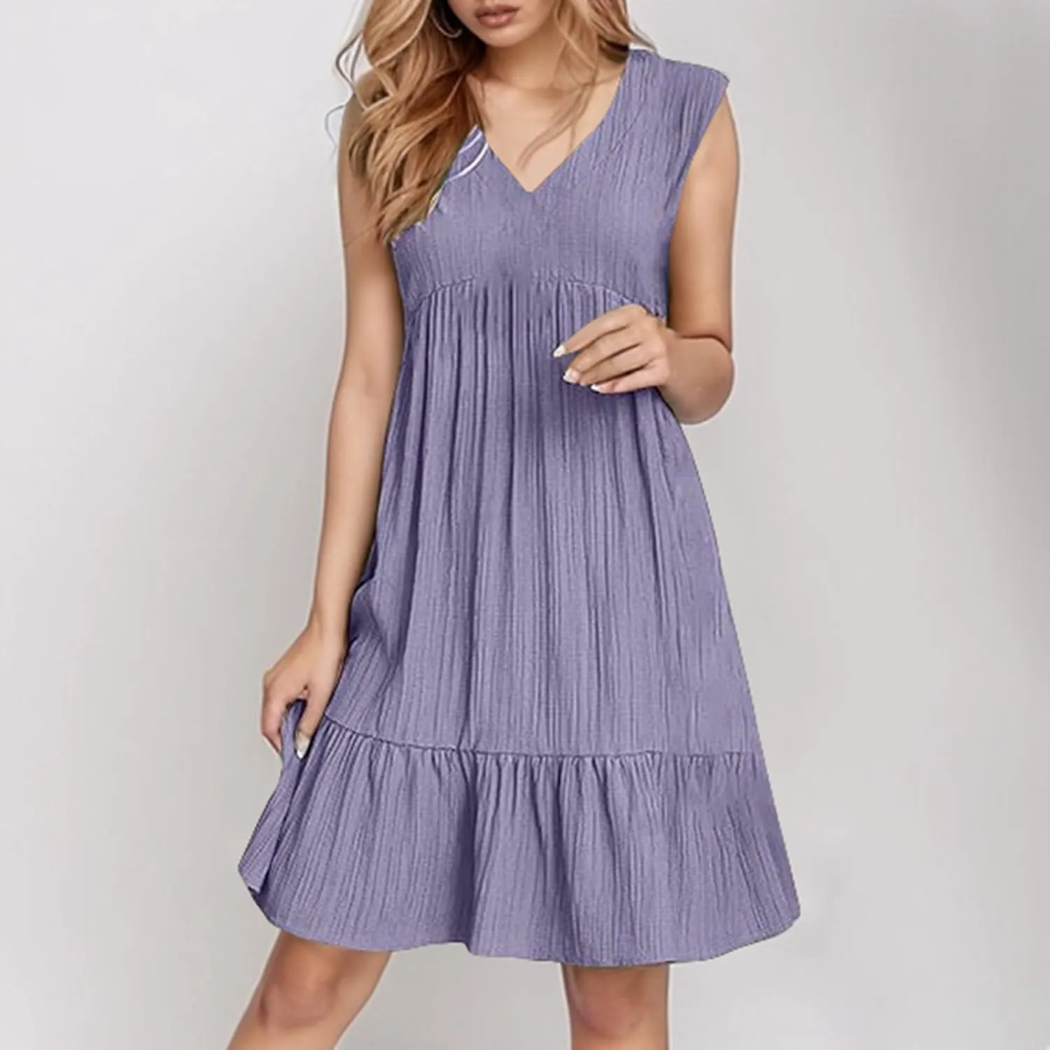 Womens Summer Dress Sleeveless V Neck Mini Dresses Fashion Casual Flowy Boho Ruffle A Line Swing Sundress 2025