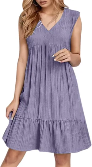 Womens Summer Dress Sleeveless V Neck Mini Dresses Fashion Casual Flowy Boho Ruffle A Line Swing Sundress 2025