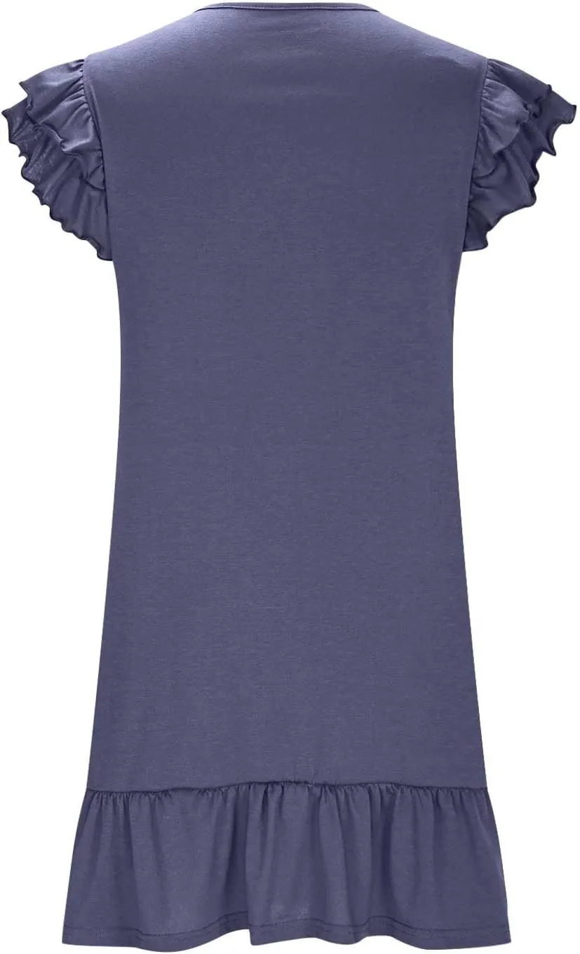 Womens Summer Dresses 2025 Casual Cap Sleeve Ruffle Dress Elegant V Neck Baggy Loose Tunic Dress Short Mini Sundress