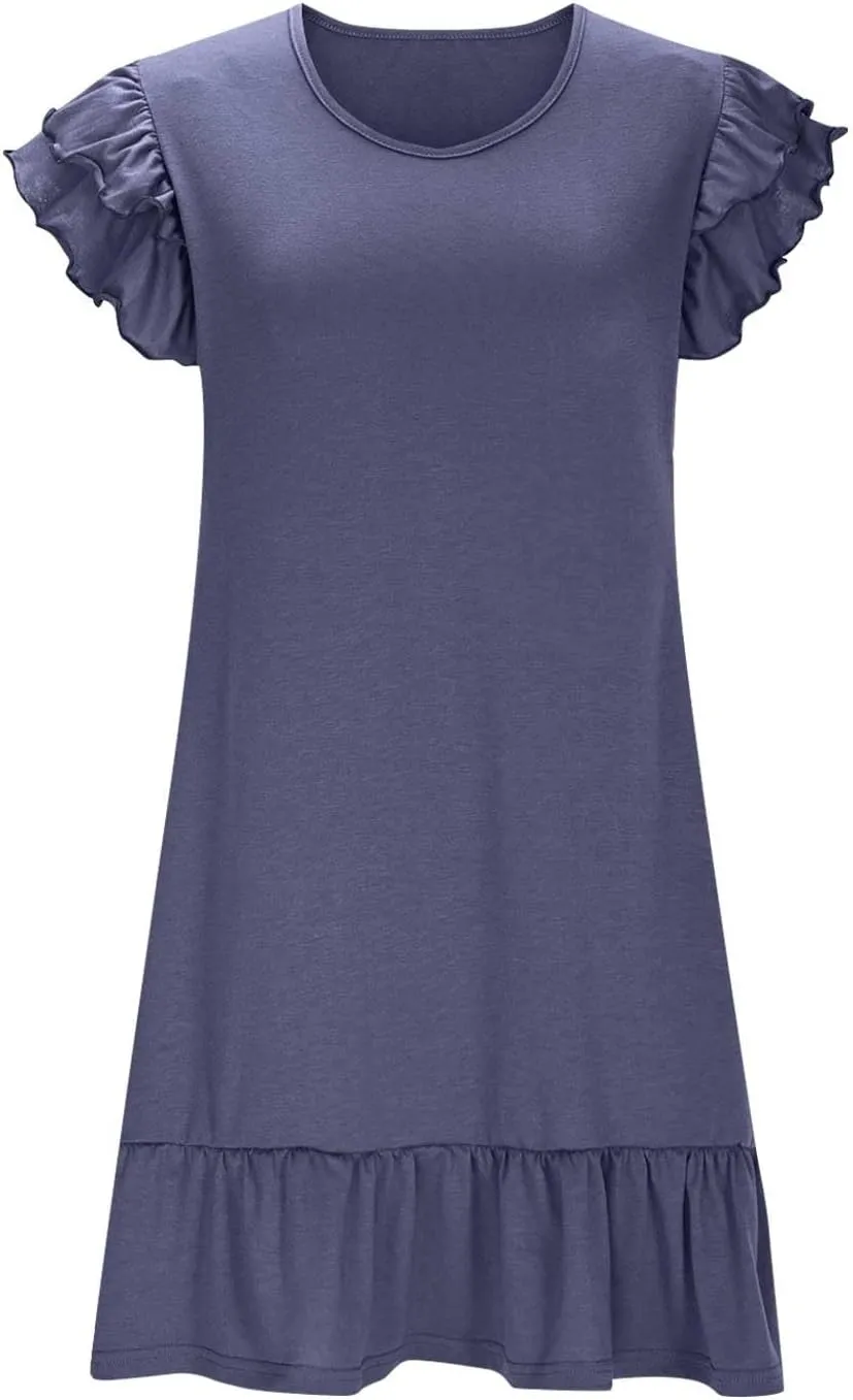 Womens Summer Dresses 2025 Casual Cap Sleeve Ruffle Dress Elegant V Neck Baggy Loose Tunic Dress Short Mini Sundress