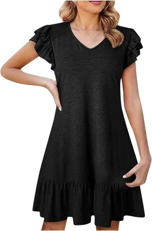 Womens Summer Dresses 2025 Casual Cap Sleeve Ruffle Dress Elegant V Neck Baggy Loose Tunic Dress Short Mini Sundress
