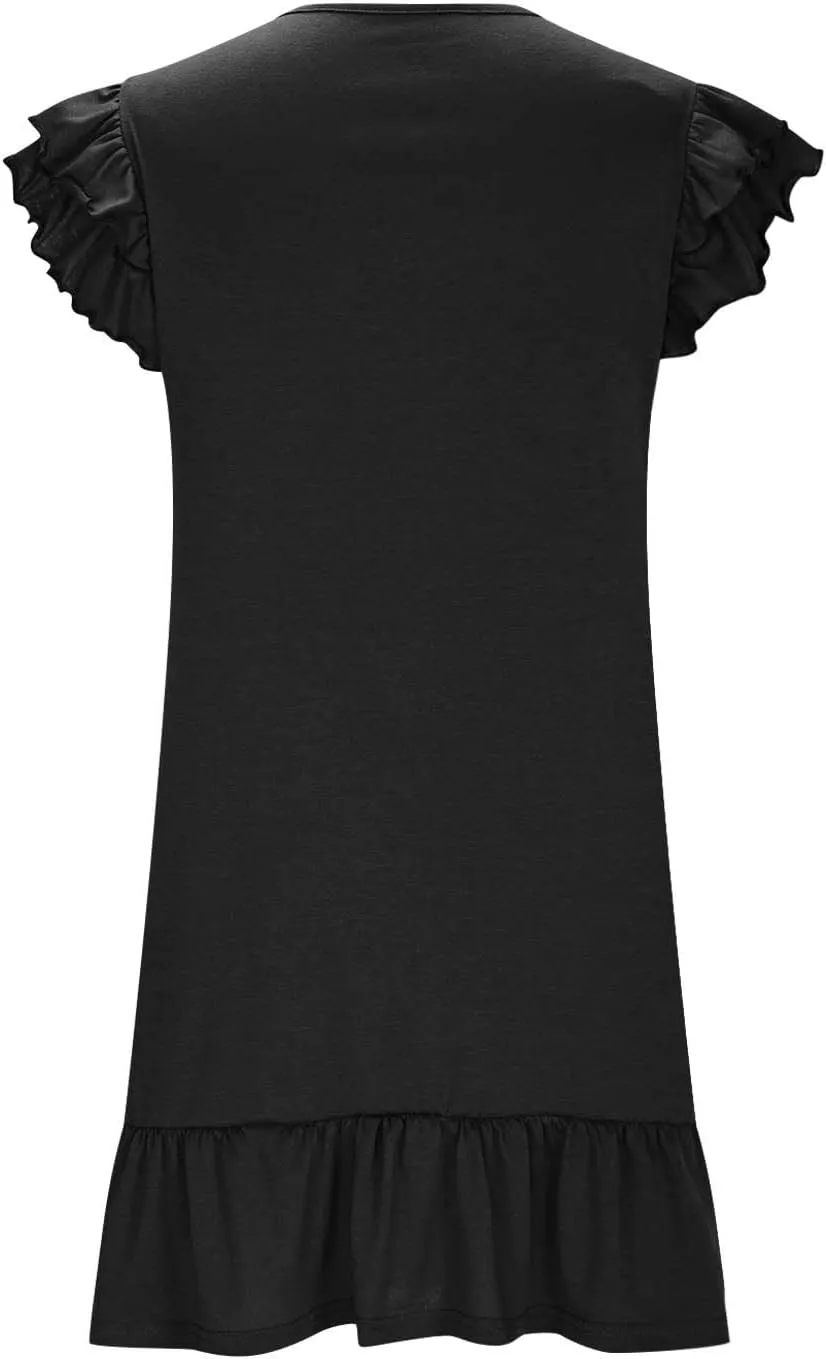 Womens Summer Dresses 2025 Casual Cap Sleeve Ruffle Dress Elegant V Neck Baggy Loose Tunic Dress Short Mini Sundress