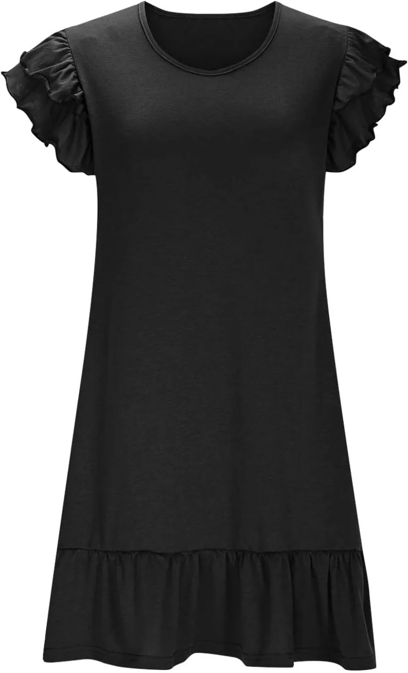 Womens Summer Dresses 2025 Casual Cap Sleeve Ruffle Dress Elegant V Neck Baggy Loose Tunic Dress Short Mini Sundress