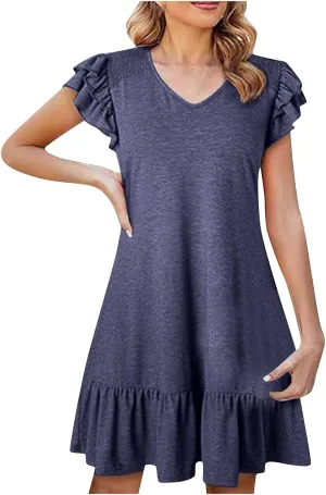 Womens Summer Dresses 2025 Casual Cap Sleeve Ruffle Dress Elegant V Neck Baggy Loose Tunic Dress Short Mini Sundress