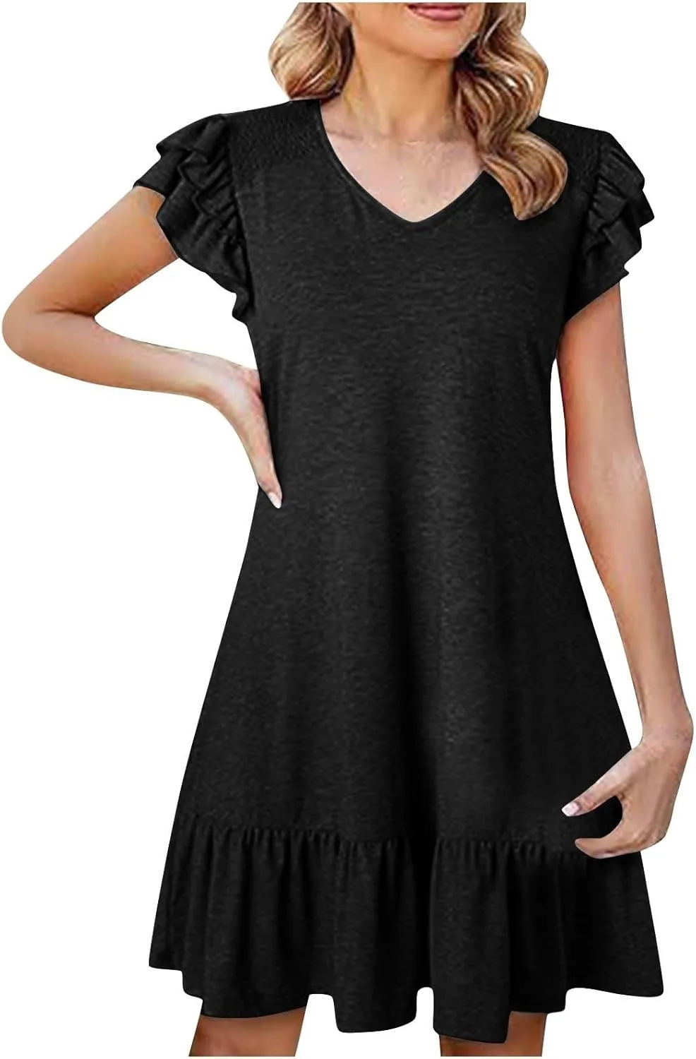 Womens Summer Dresses 2025 Casual Cap Sleeve Ruffle Dress Elegant V Neck Baggy Loose Tunic Dress Short Mini Sundress