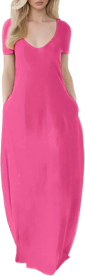 Women's Summer Maxi Dress Short Sleeve V Neck Casual Loose Long Beach Sun Dresses Spring Dresses for Women ith Pockets