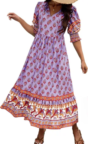 Women's Summer Ruffle Maxi Dress Smocked Lantern Sleeve Floral Swing Dresses V Neck High Waist Flowy Boho Long Dress