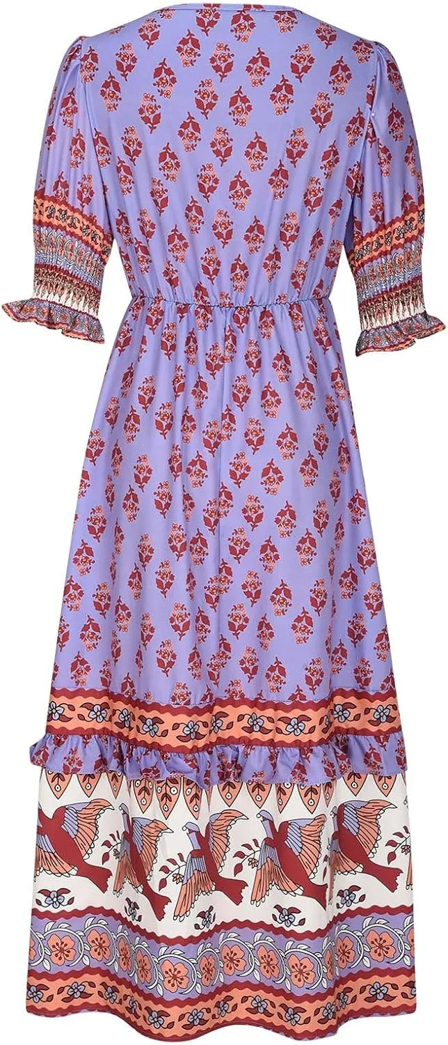 Women's Summer Ruffle Maxi Dress Smocked Lantern Sleeve Floral Swing Dresses V Neck High Waist Flowy Boho Long Dress