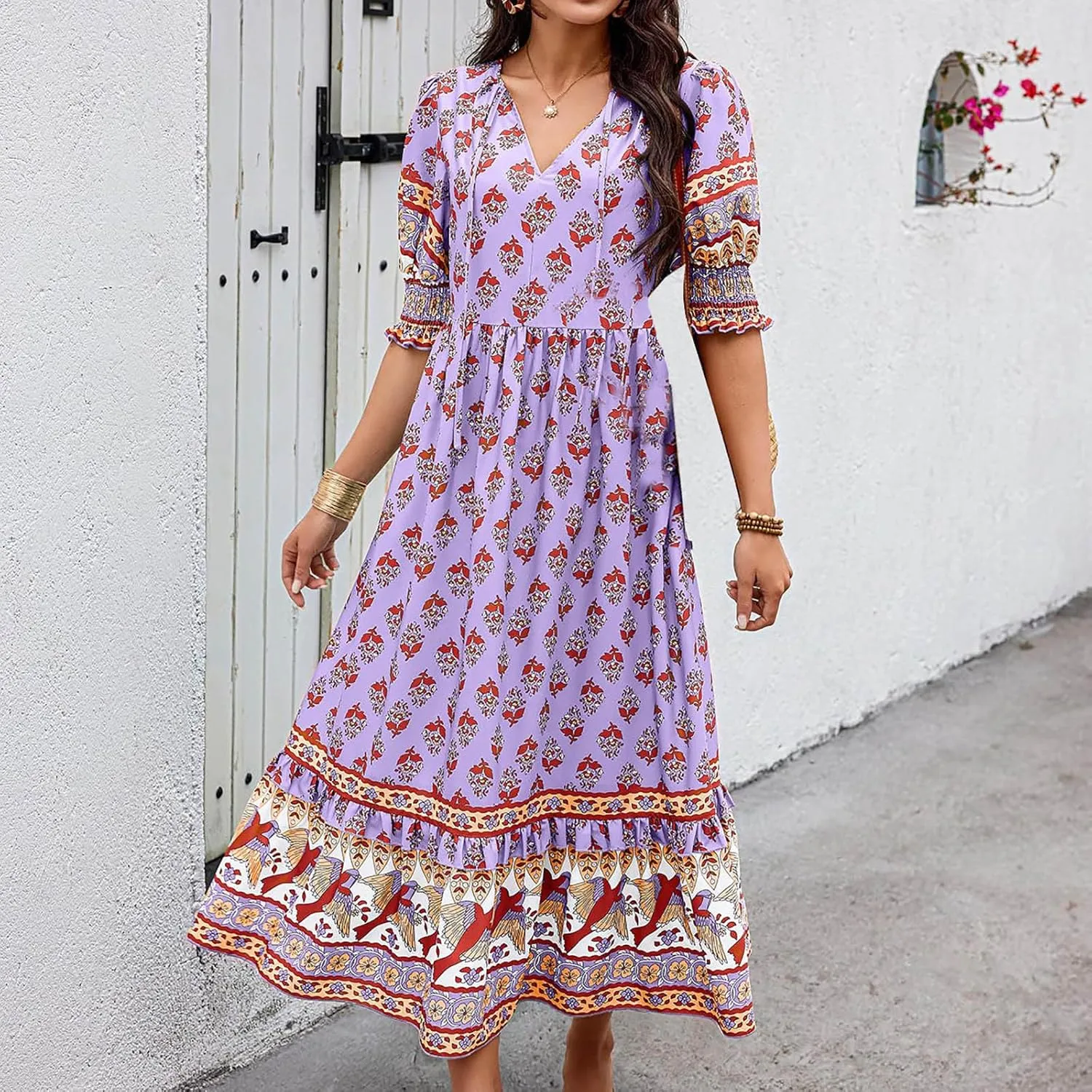 Women's Summer Ruffle Maxi Dress Smocked Lantern Sleeve Floral Swing Dresses V Neck High Waist Flowy Boho Long Dress