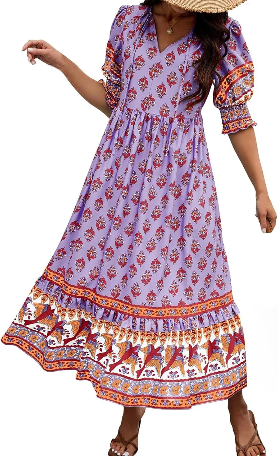 Women's Summer Ruffle Maxi Dress Smocked Lantern Sleeve Floral Swing Dresses V Neck High Waist Flowy Boho Long Dress