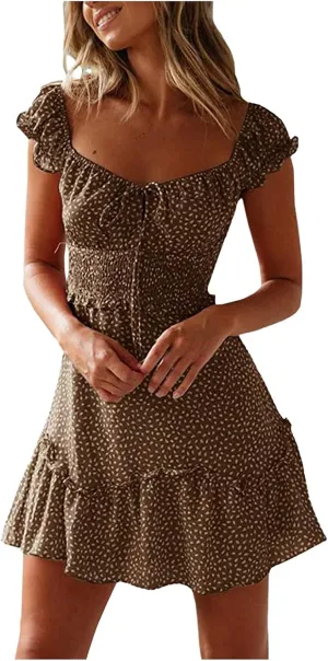 Womens Summer Sexy Sweetheart Collar Printed Ruffle Mini Dress Tie Front Ruffle Trim Ruched Short Dress Sundresses for Women