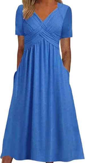 Women's Summer Short Sleeve A-Line Midi Dresses Casual Floral T-Shirt Dress Flowy Beach Sundress with Pockets