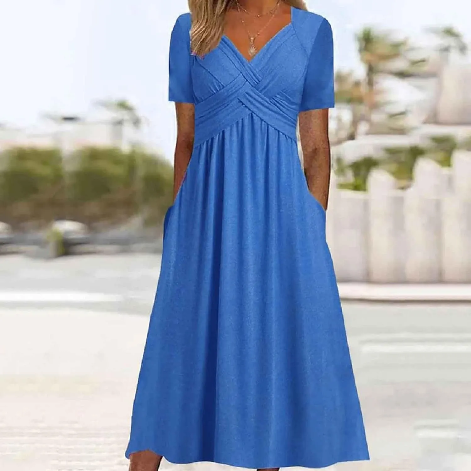Women's Summer Short Sleeve A-Line Midi Dresses Casual Floral T-Shirt Dress Flowy Beach Sundress with Pockets