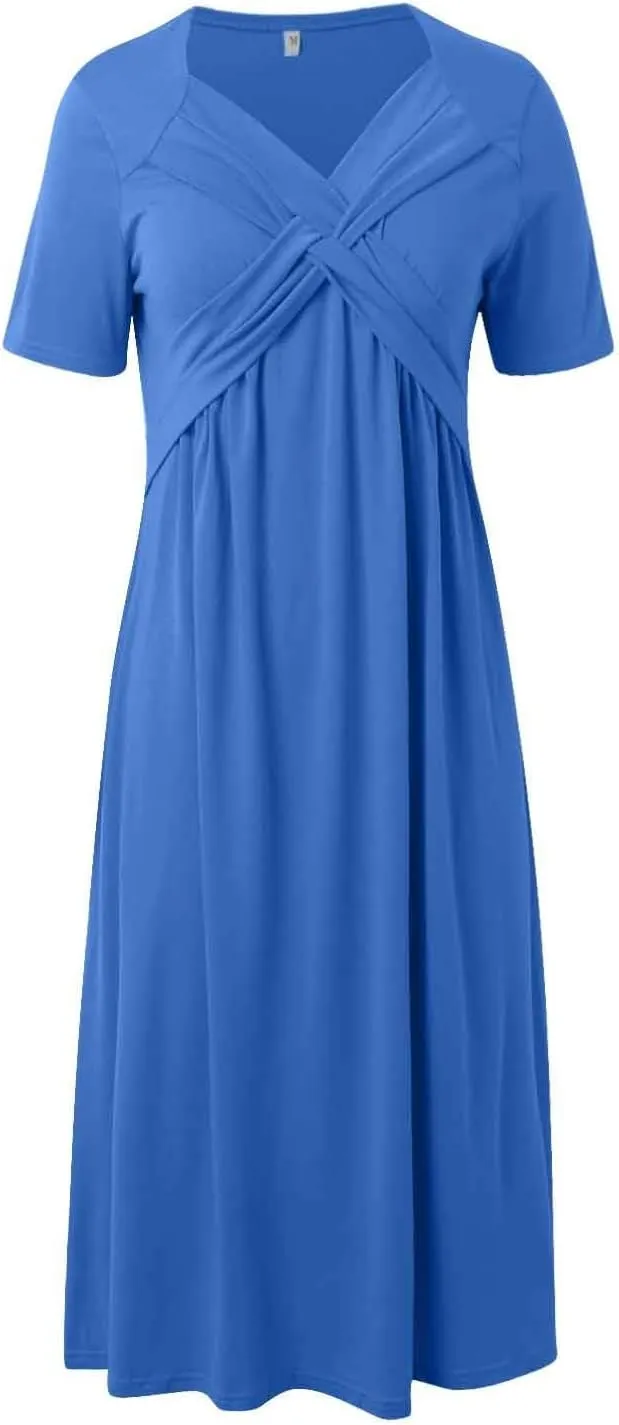 Women's Summer Short Sleeve A-Line Midi Dresses Casual Floral T-Shirt Dress Flowy Beach Sundress with Pockets