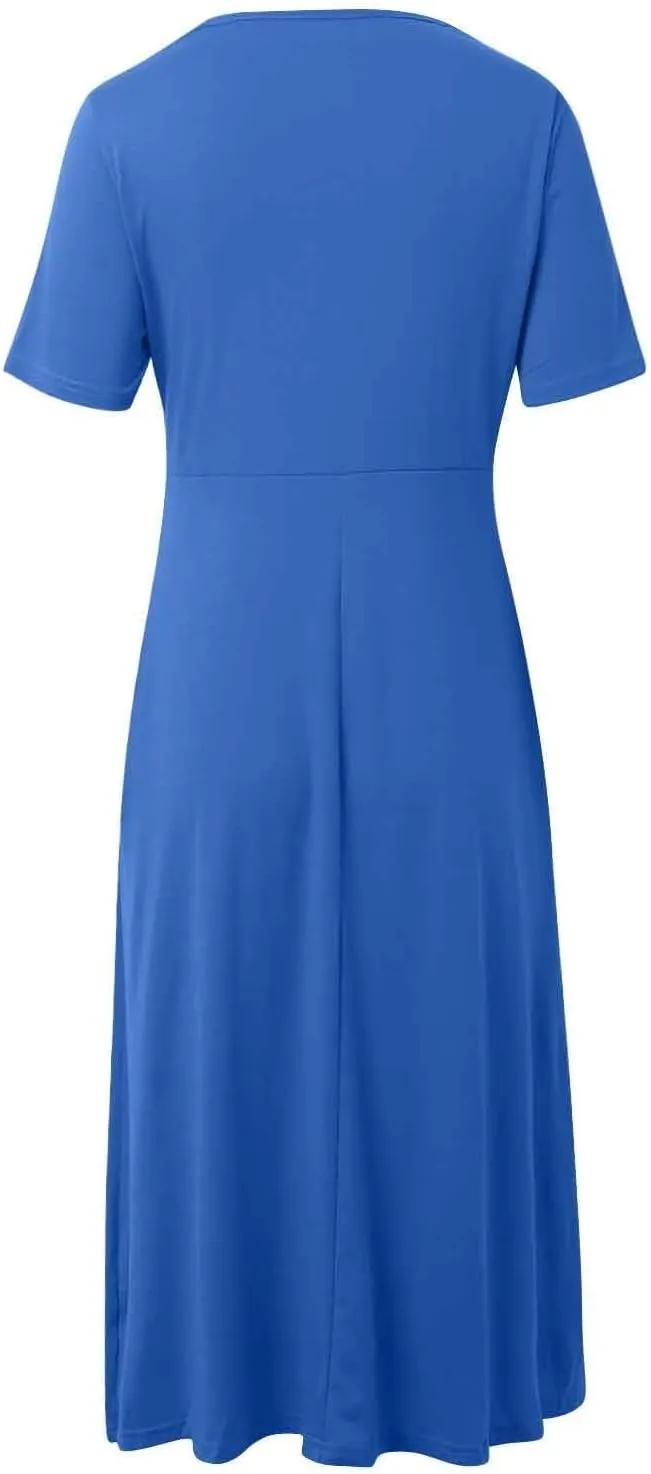 Women's Summer Short Sleeve A-Line Midi Dresses Casual Floral T-Shirt Dress Flowy Beach Sundress with Pockets