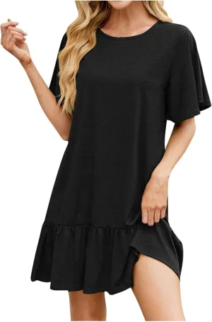 Womens Summer Tshirt Dresses Short Sleeve Round Neck Mini Dress Casual Loose Fit Ruffle Hem Trendy Beach Dresses