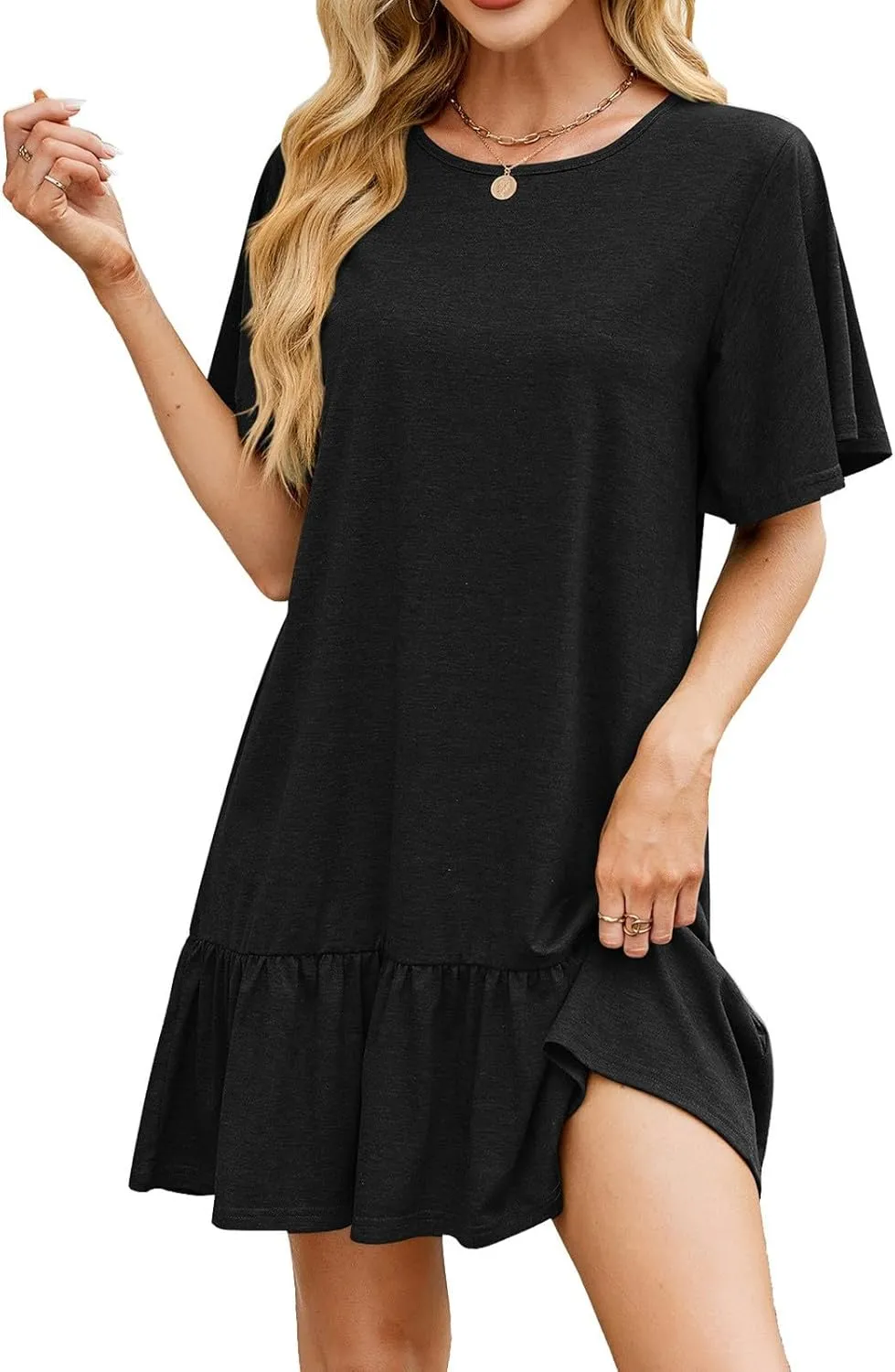 Womens Summer Tshirt Dresses Short Sleeve Round Neck Mini Dress Casual Loose Fit Ruffle Hem Trendy Beach Dresses