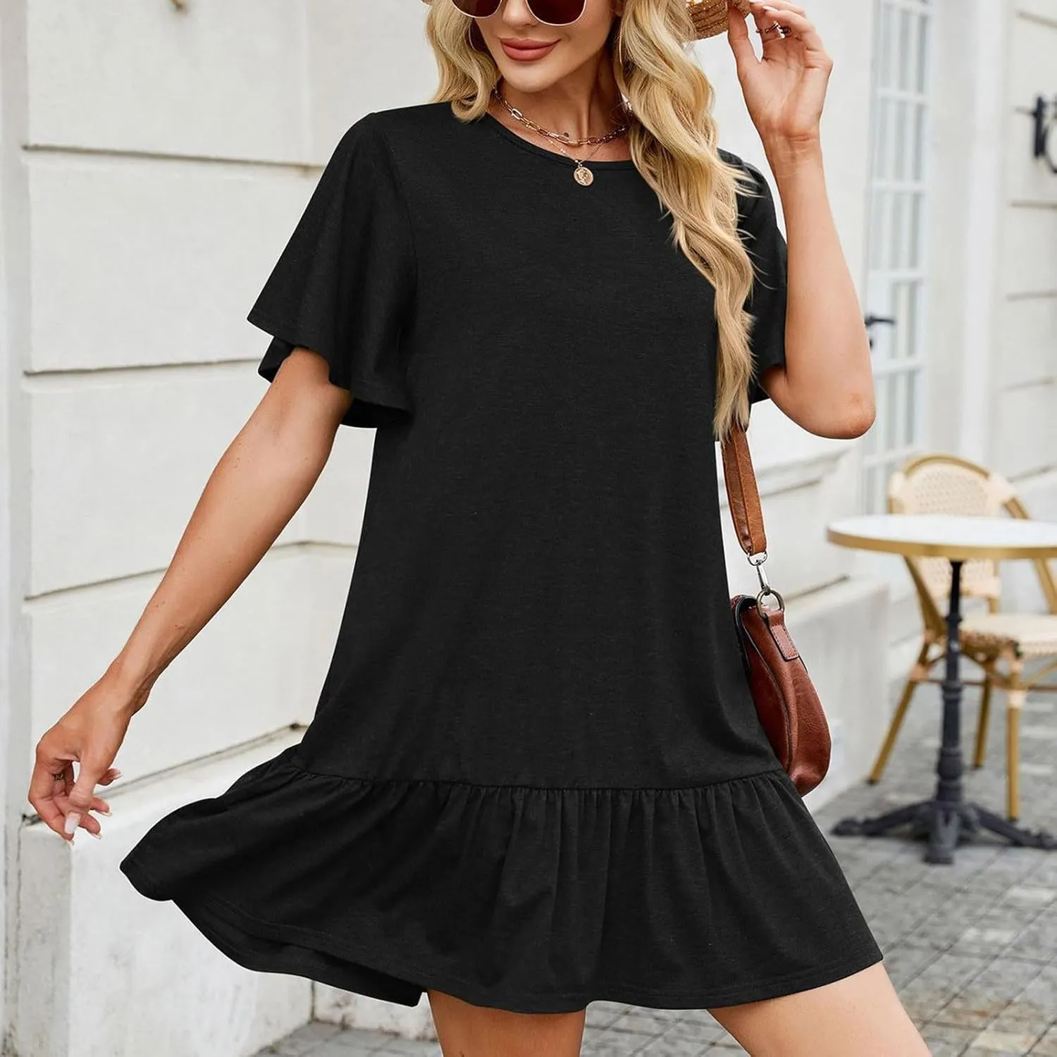 Womens Summer Tshirt Dresses Short Sleeve Round Neck Mini Dress Casual Loose Fit Ruffle Hem Trendy Beach Dresses