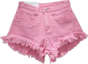Women's Tassel Jeans Shorts High-Waisted A-Line Wide-Leg Hot Pants Raw Denim Shorts