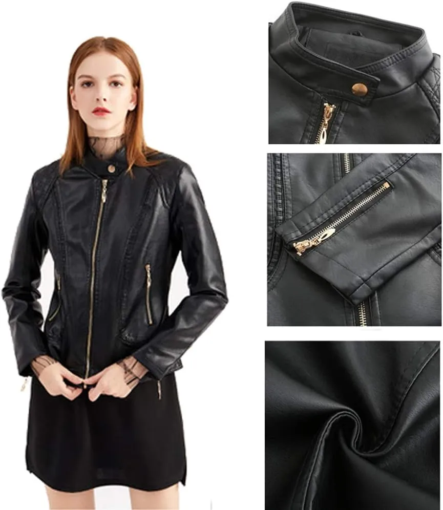 Women's Trendy Faux Leather Jacket Moto Short Jacket Fashion PU Jacket Coat