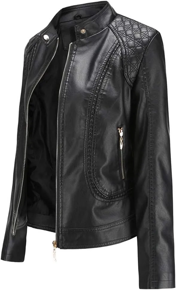Women's Trendy Faux Leather Jacket Moto Short Jacket Fashion PU Jacket Coat
