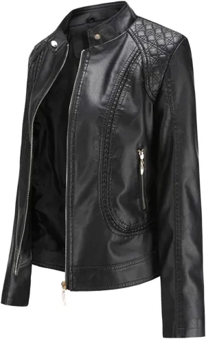 Women's Trendy Faux Leather Jacket Moto Short Jacket Fashion PU Jacket Coat