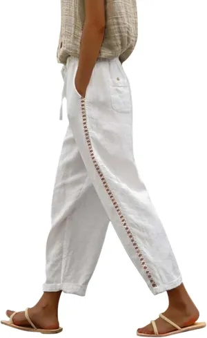 Women's Vintage Linen Capri Pants High Elastic Waist Wide Leg Capri Casual Beach Palazzo Trousers with Pockets