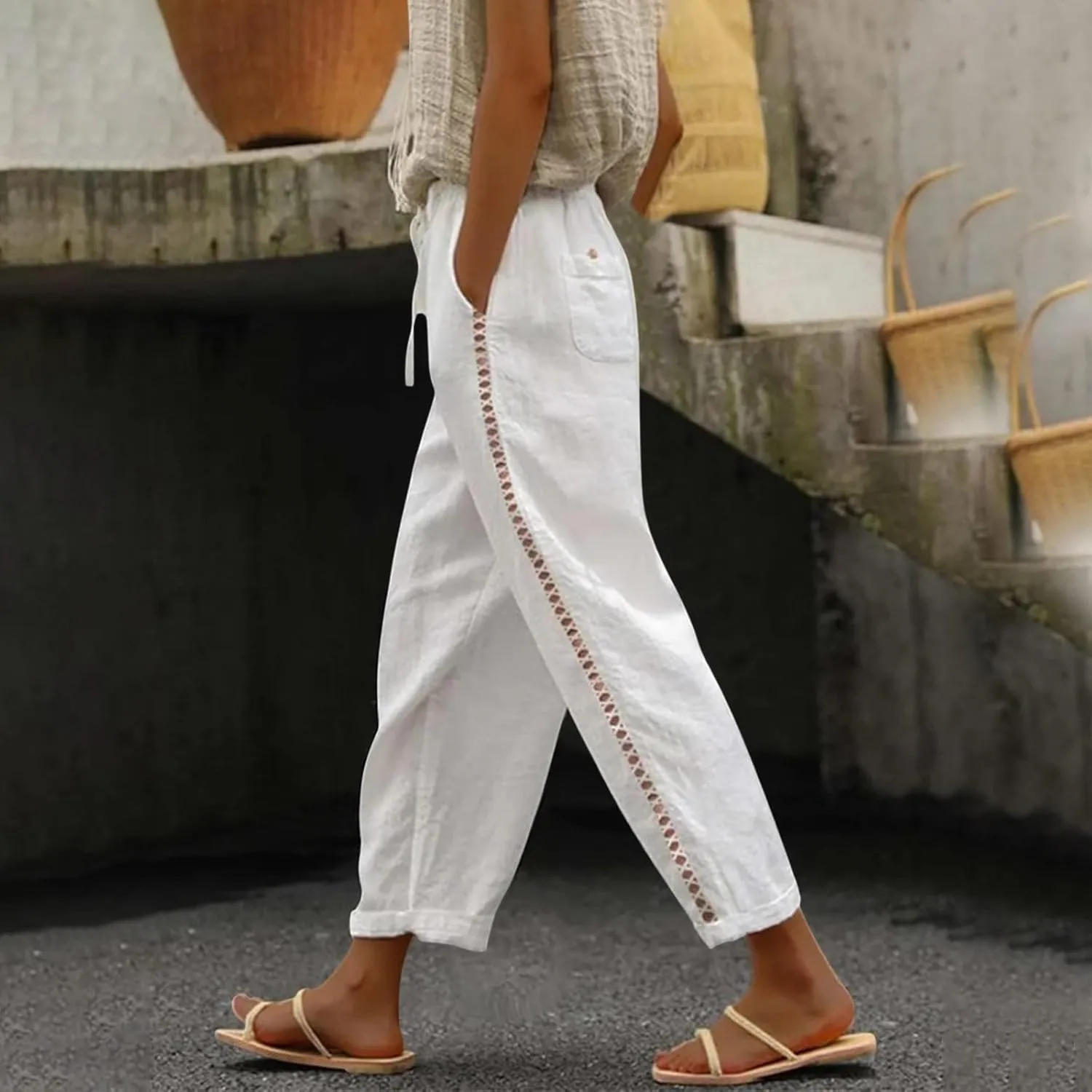Women's Vintage Linen Capri Pants High Elastic Waist Wide Leg Capri Casual Beach Palazzo Trousers with Pockets