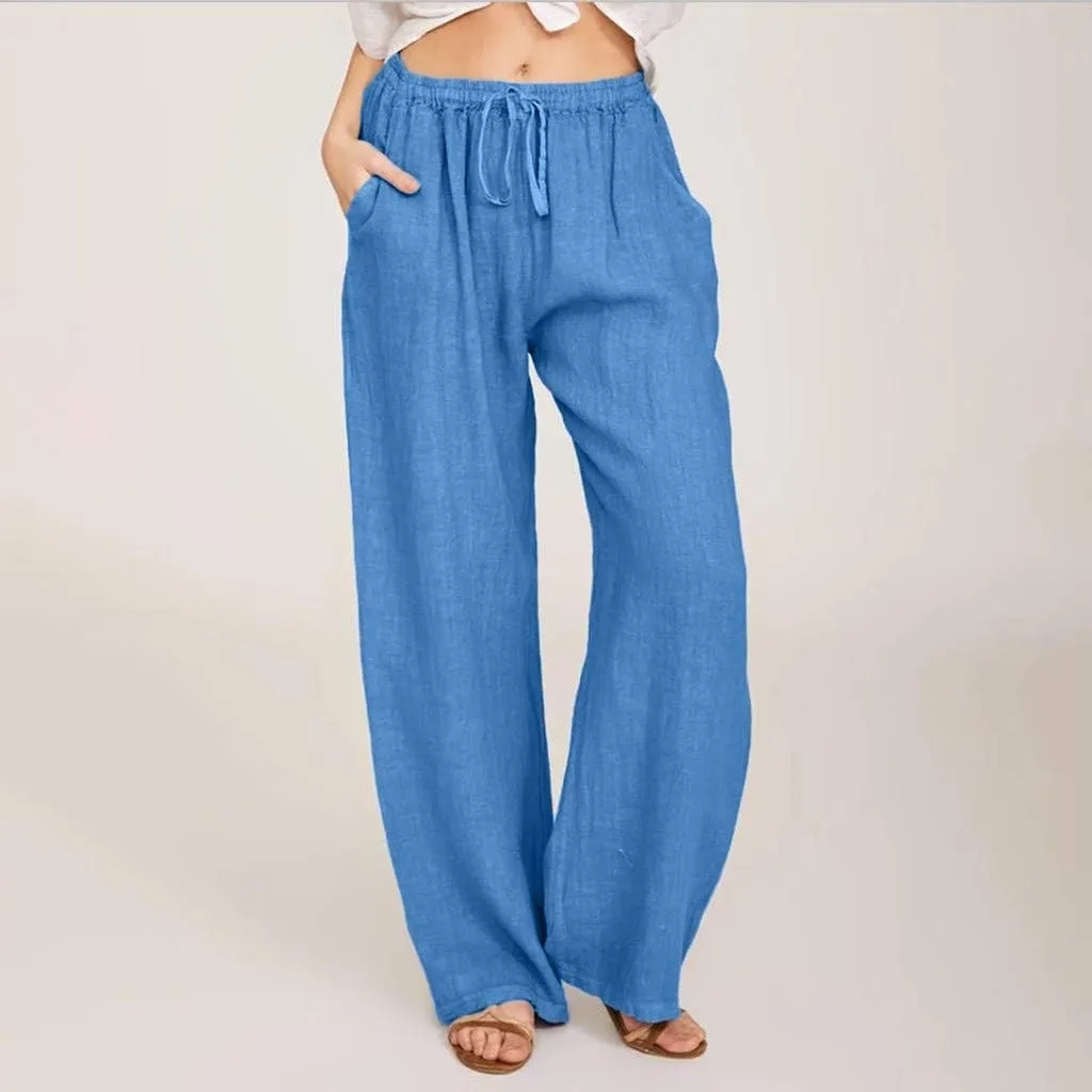 Women's Vintage Wide Leg Pants Cotton Linen Harem Pants Summer Elastic Waist Casual Lightweight Baggy Slacks Trousers