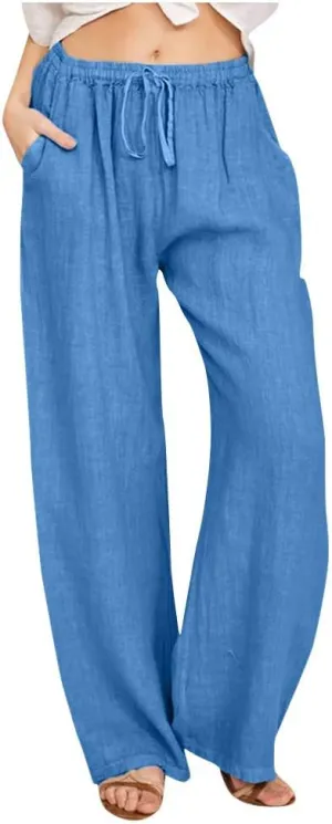 Women's Vintage Wide Leg Pants Cotton Linen Harem Pants Summer Elastic Waist Casual Lightweight Baggy Slacks Trousers