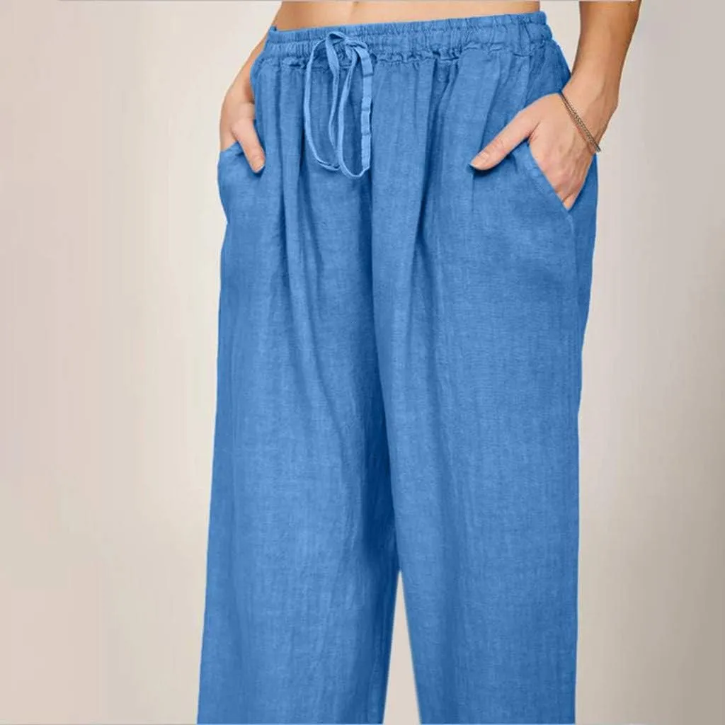 Women's Vintage Wide Leg Pants Cotton Linen Harem Pants Summer Elastic Waist Casual Lightweight Baggy Slacks Trousers
