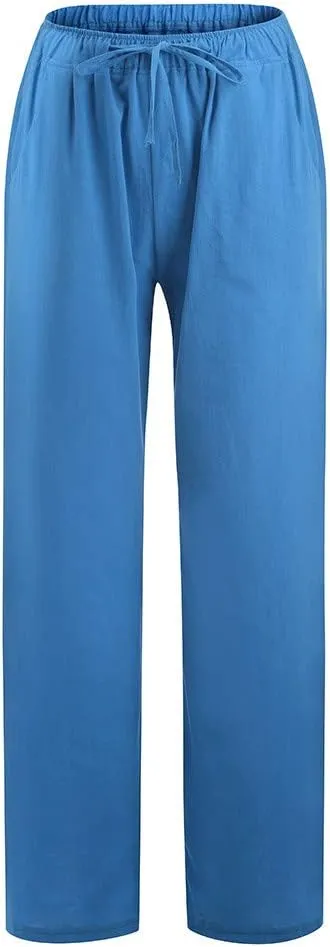 Women's Vintage Wide Leg Pants Cotton Linen Harem Pants Summer Elastic Waist Casual Lightweight Baggy Slacks Trousers