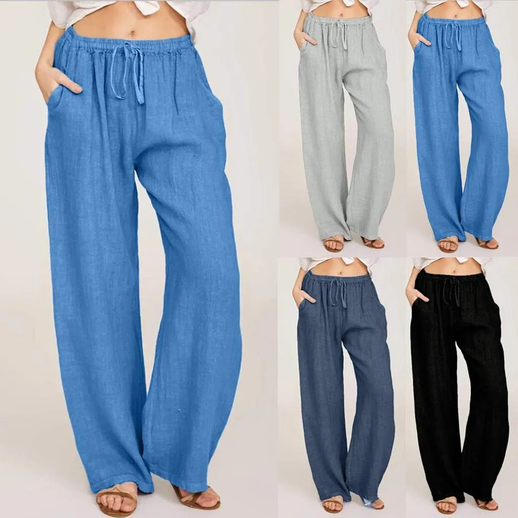 Women's Vintage Wide Leg Pants Cotton Linen Harem Pants Summer Elastic Waist Casual Lightweight Baggy Slacks Trousers