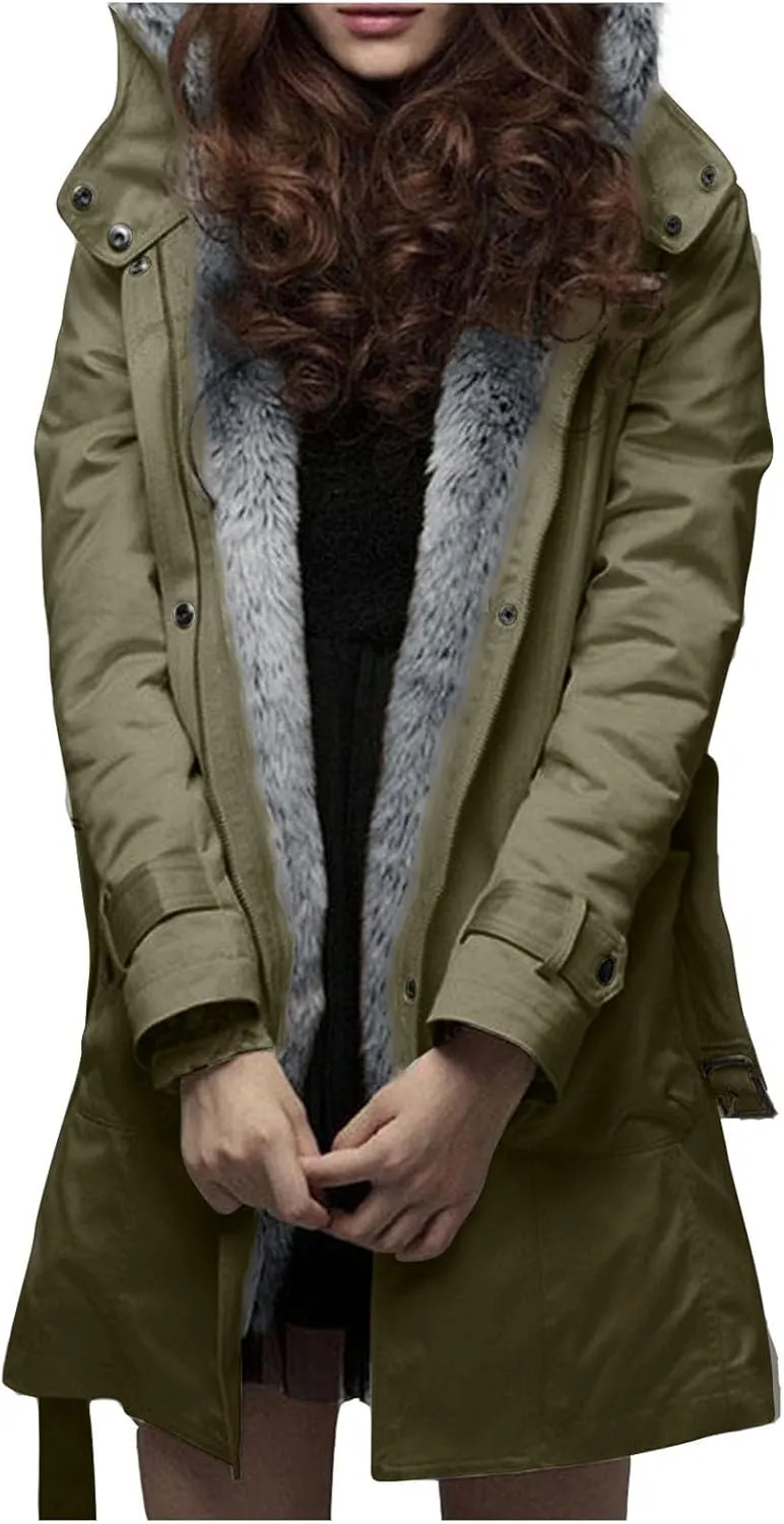 Womens Warm Winter Coats Fuzzy Fleece Lined Parka Slim Fit Thicken Sherpa Hooded Long Jackets Outerwear