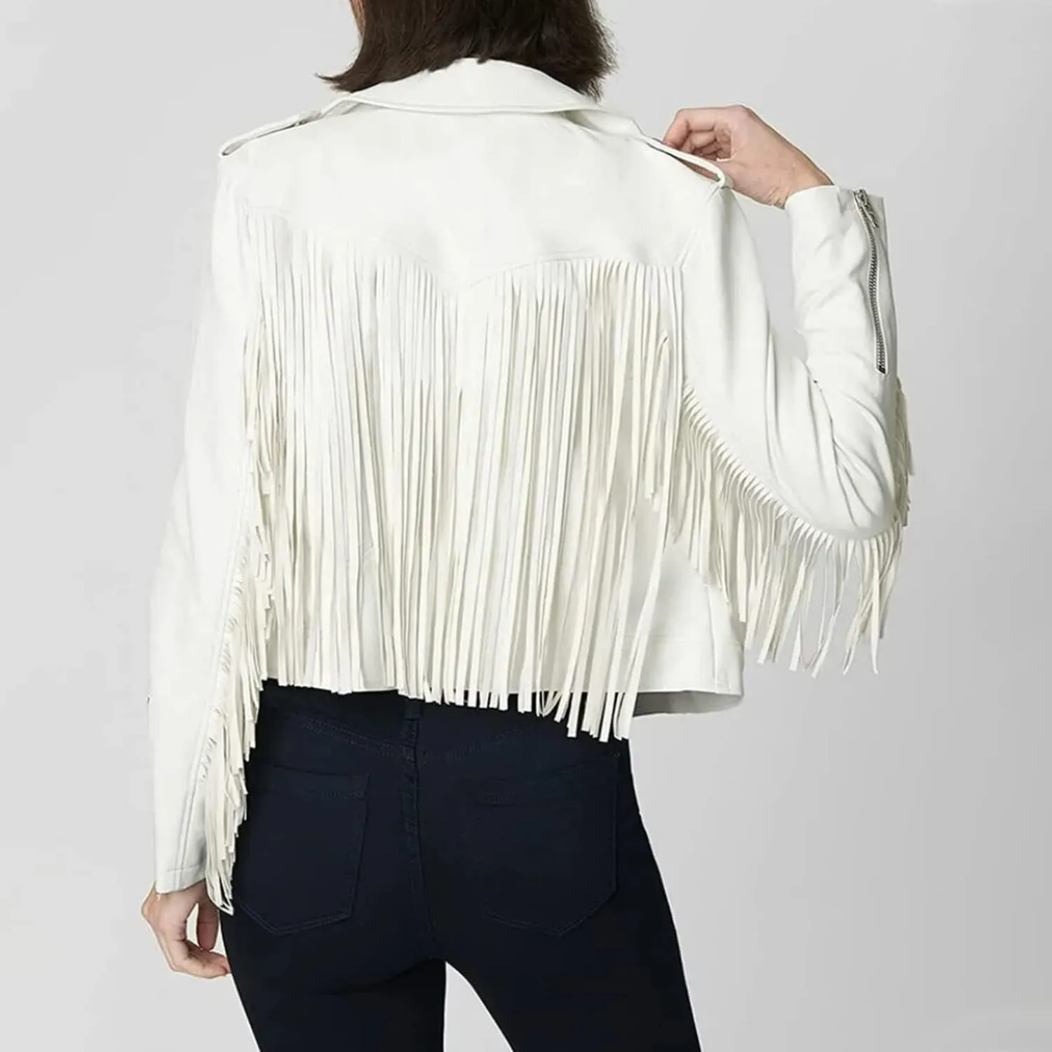 Womens White Genuine Leather Lambskin Tassel Native American Western Casual Classic Slim Fit Style Fringe Jacket