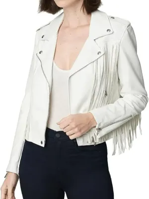 Womens White Genuine Leather Lambskin Tassel Native American Western Casual Classic Slim Fit Style Fringe Jacket
