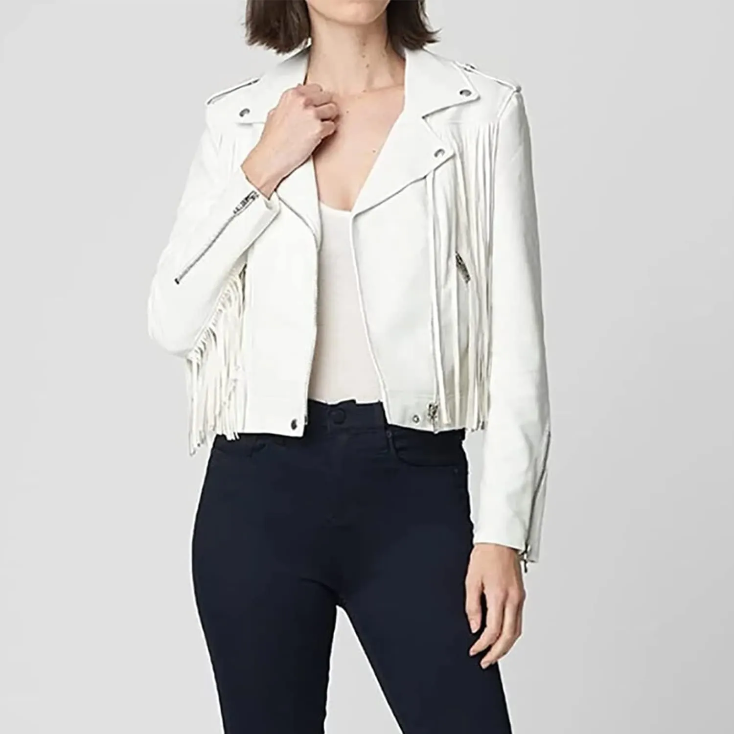 Womens White Genuine Leather Lambskin Tassel Native American Western Casual Classic Slim Fit Style Fringe Jacket