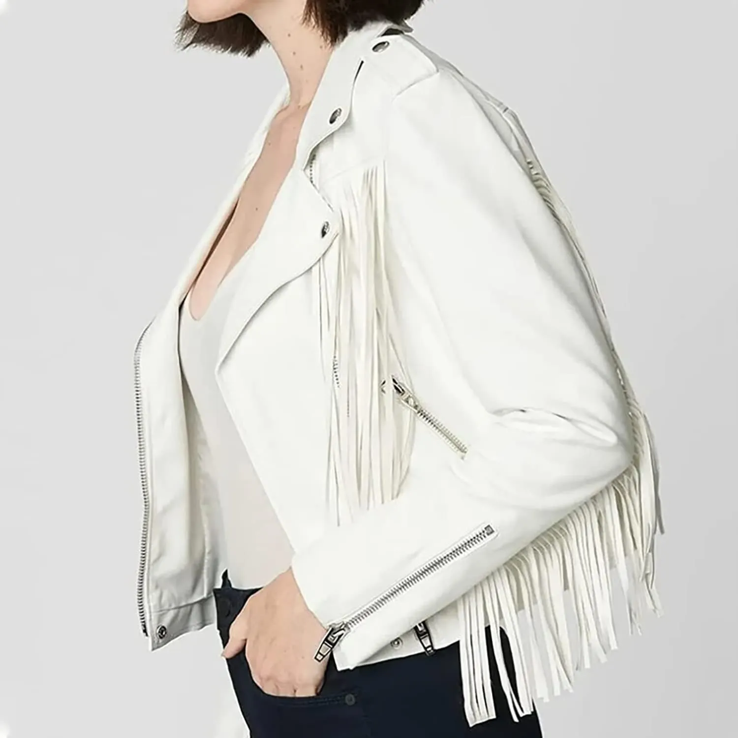 Womens White Genuine Leather Lambskin Tassel Native American Western Casual Classic Slim Fit Style Fringe Jacket